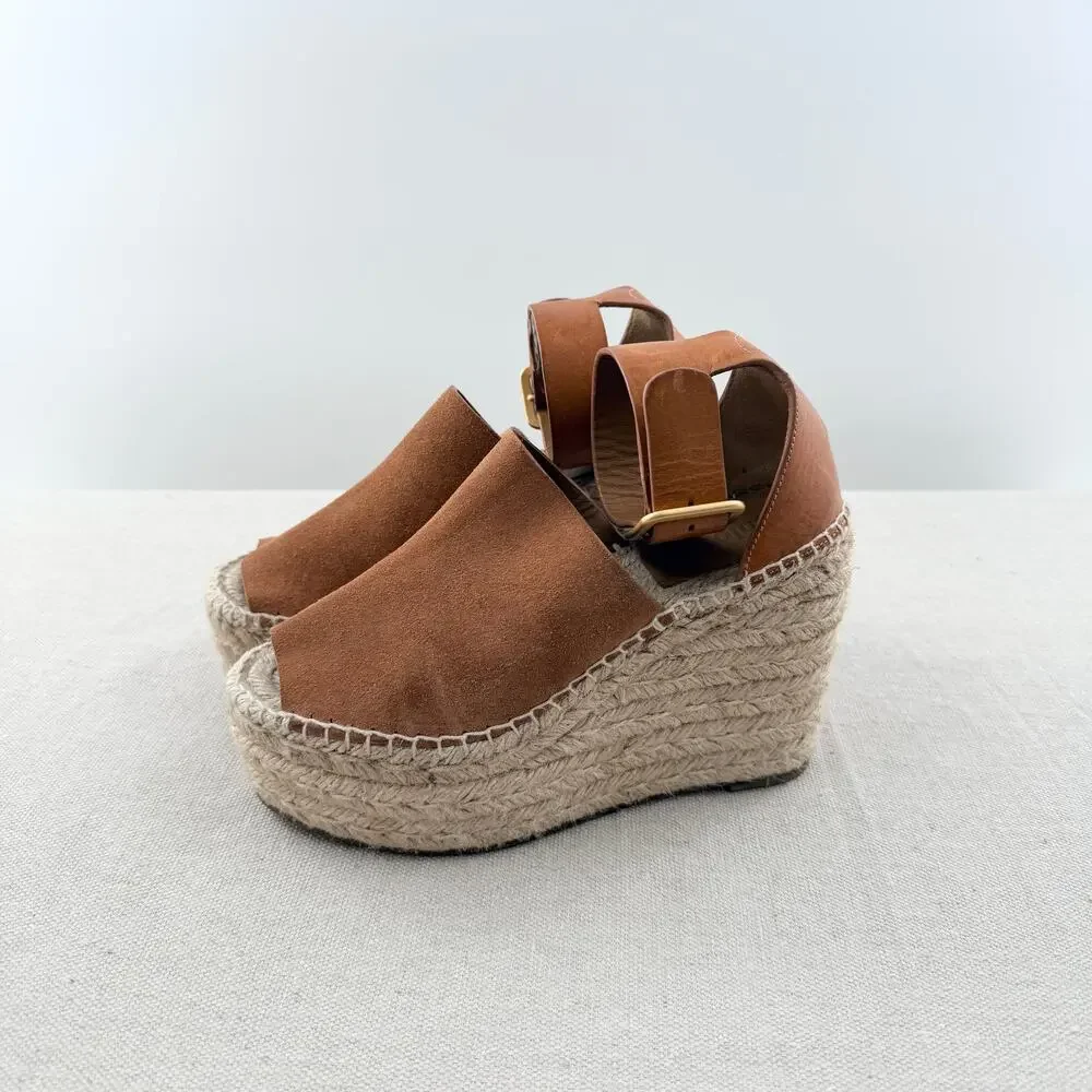 Chloe Suede and Leather Ankle Strap Espadrille Wedge Sandals Brown Women's EU 35